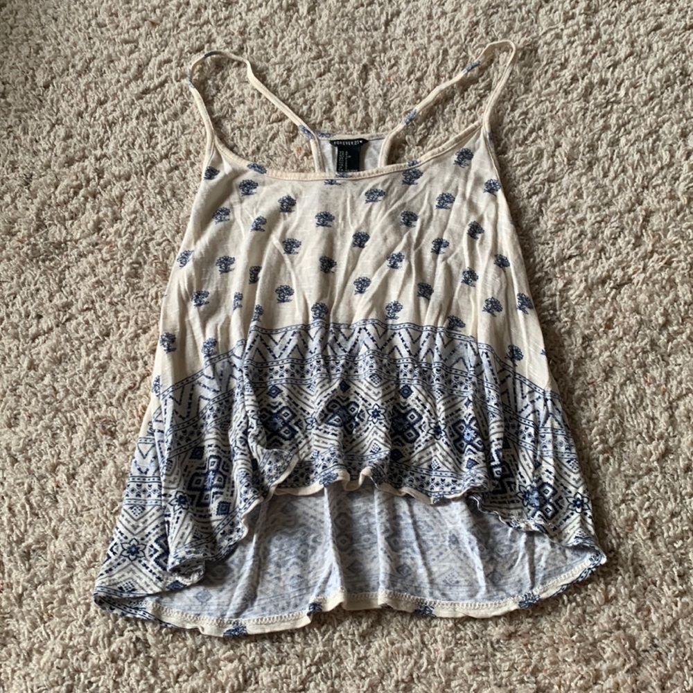 Creme and navy blue patterned tank top